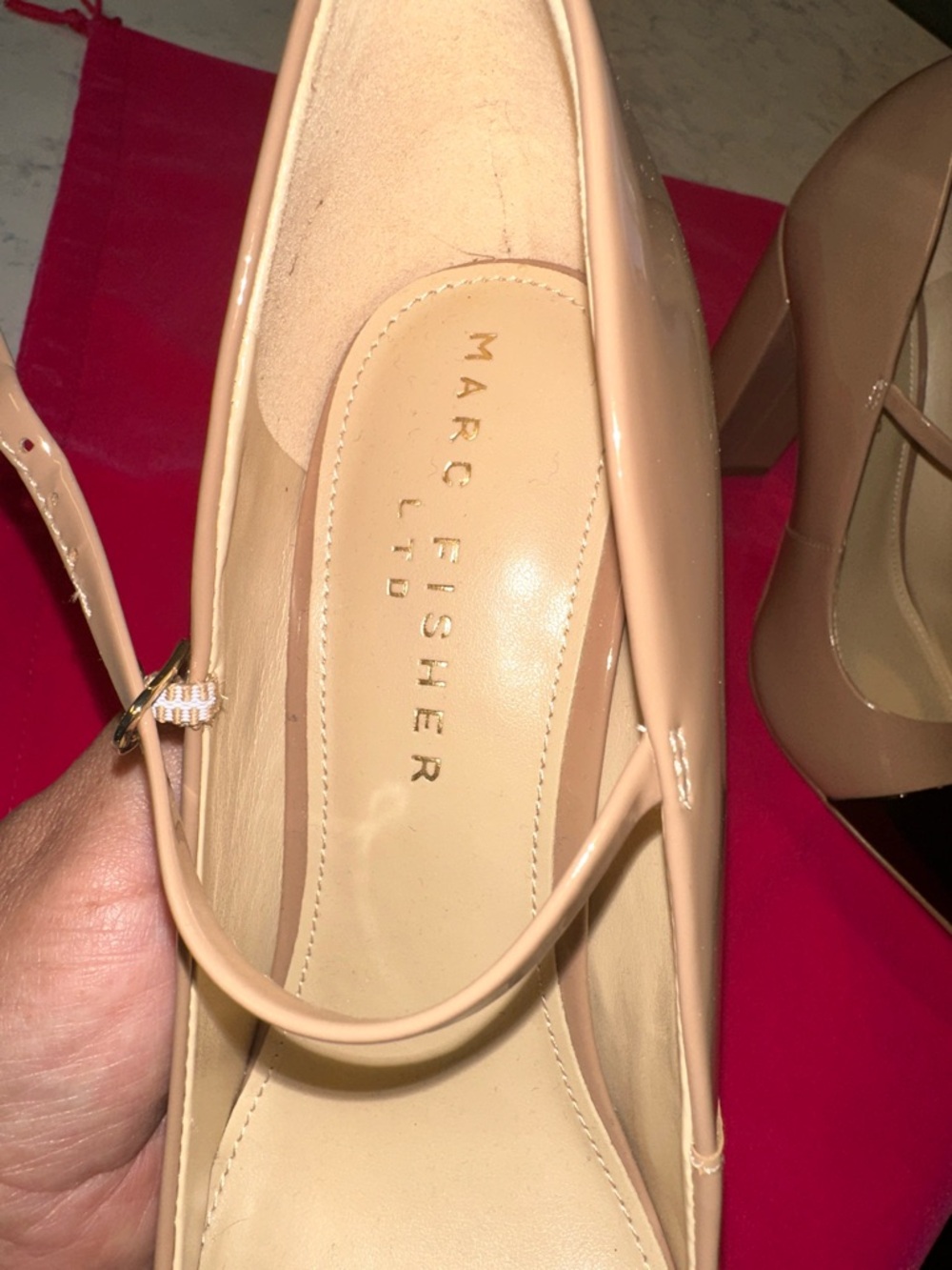 Marc Fisher Beige Patent Pointed-Toe Pumps with Black Cap Toe - Picture 3 of 5